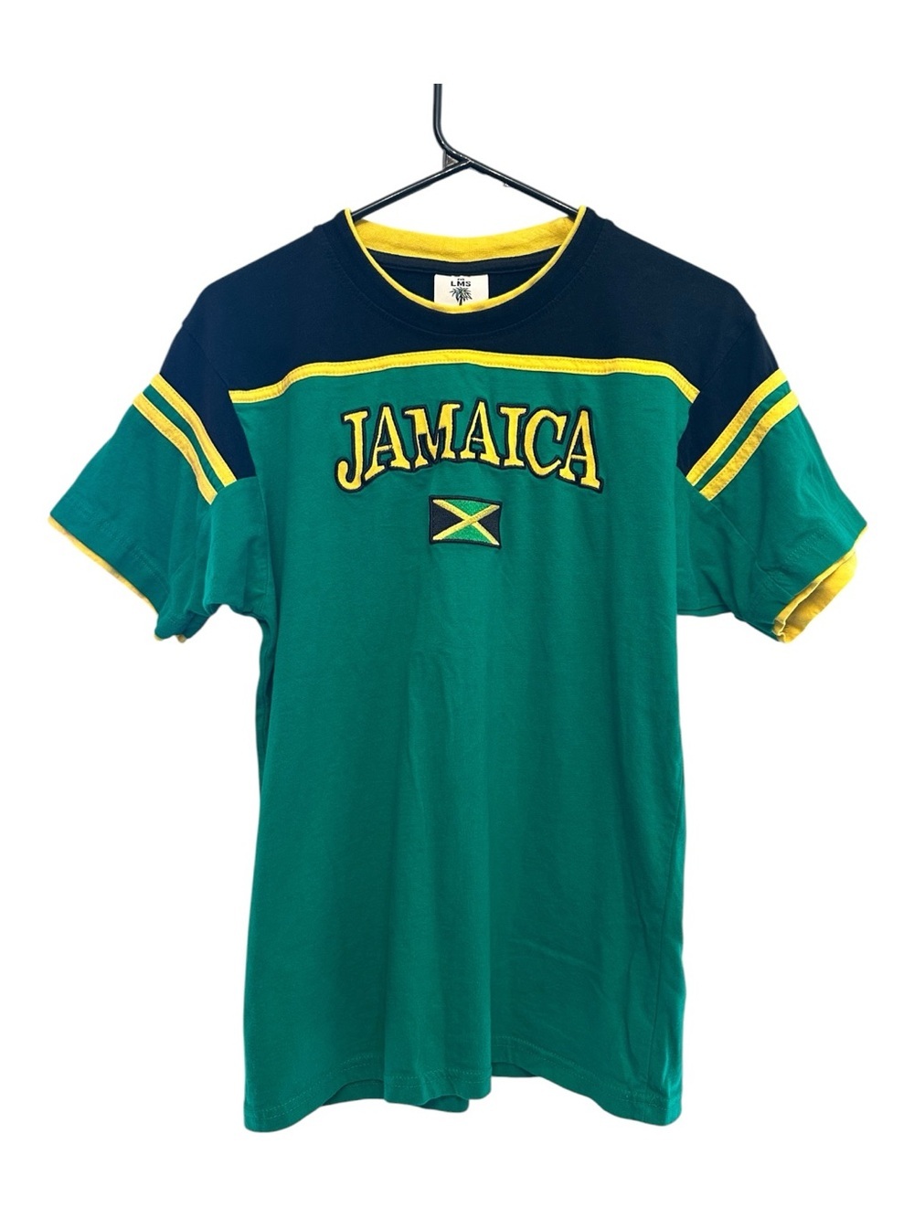 Vintage Y2K Green & Navy Jamaica Short Sleeve Soccer Tee with Yellow Trim M